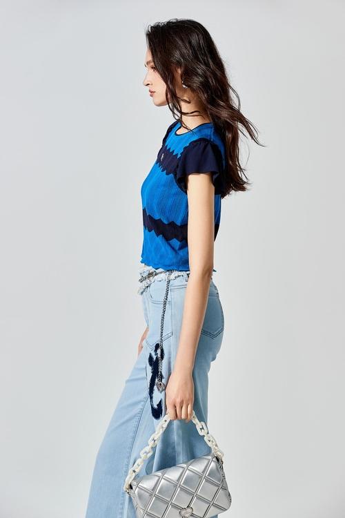 藍色波浪配條小蓋袖針織上衣,針織背心