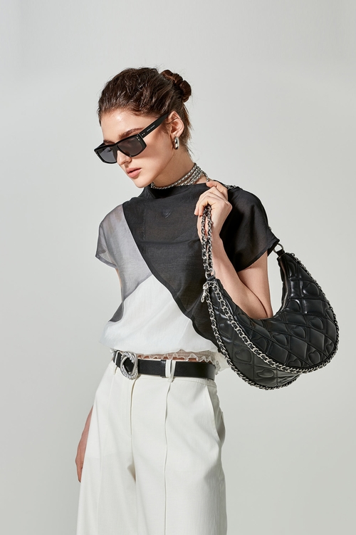 高雅黑白灰拼接絲棉上衣,黑色背心,黑色上衣