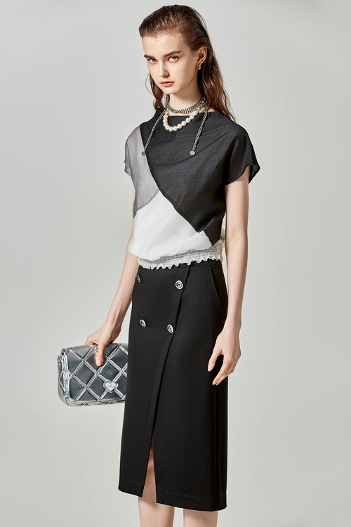 高雅黑白灰拼接絲棉上衣,黑色背心,黑色上衣