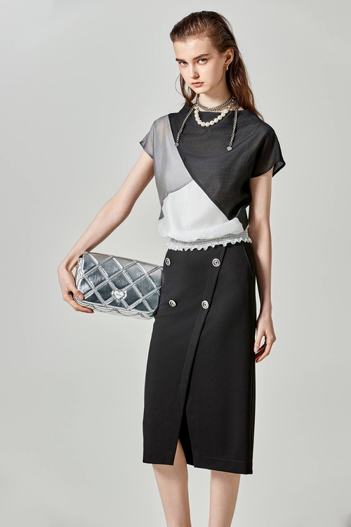 高雅黑白灰拼接絲棉上衣,黑色背心,黑色上衣