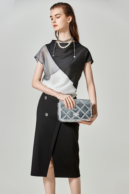 高雅黑白灰拼接絲棉上衣,黑色背心,黑色上衣