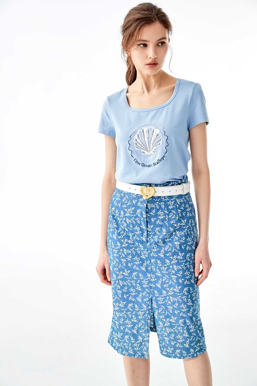貝殼刺繡方領T恤上衣,沁涼夏裝
