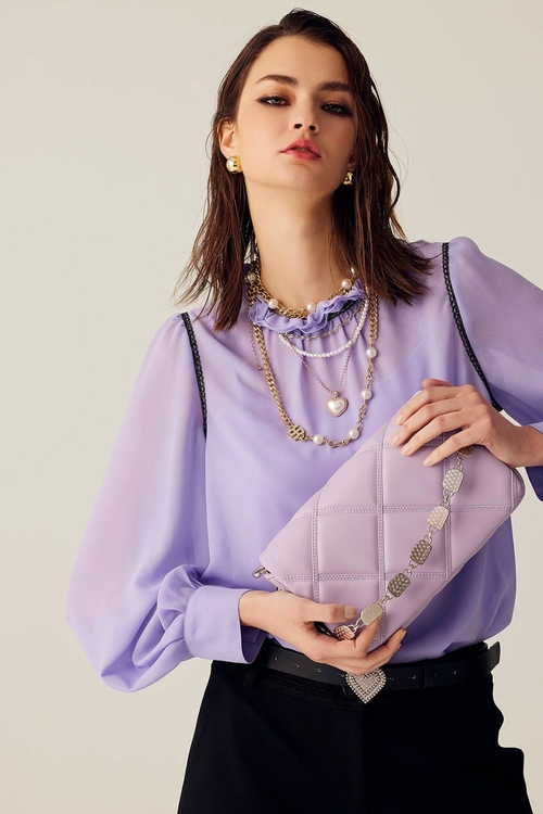 淺蔥紫雪紡荷葉領單品上衣,內搭上衣