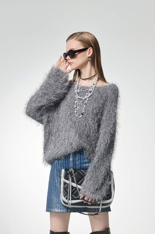 光澤感安靜灰睫毛針織上衣,上衣