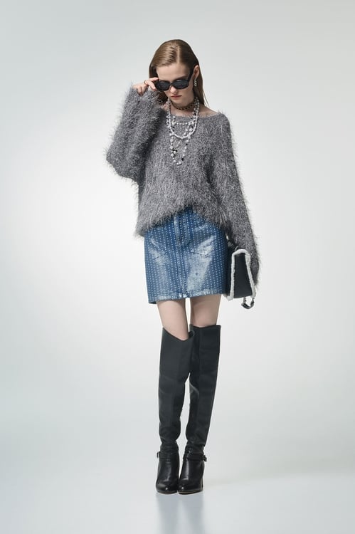 光澤感安靜灰睫毛針織上衣,上衣