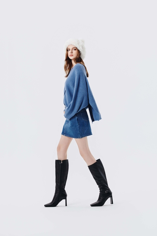 復古藍飛鼠袖針織上衣,上衣