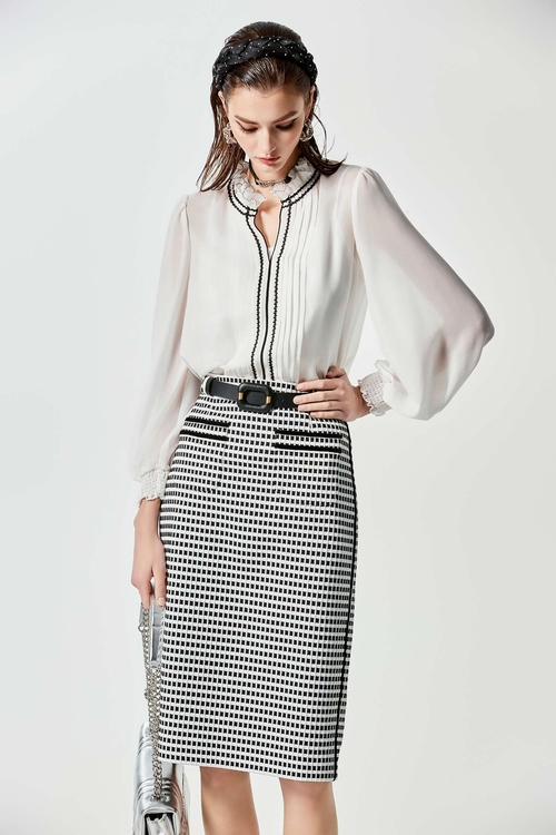 荷葉領黑織帶高端雪紡上衣,內搭上衣