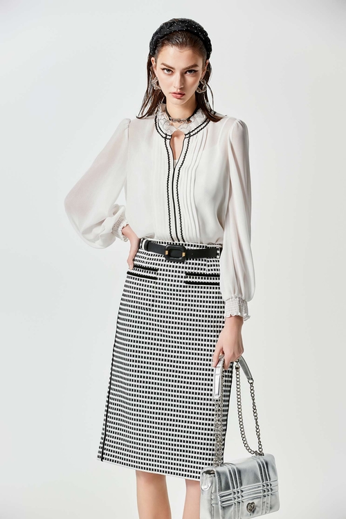 荷葉領黑織帶高端雪紡上衣,內搭上衣