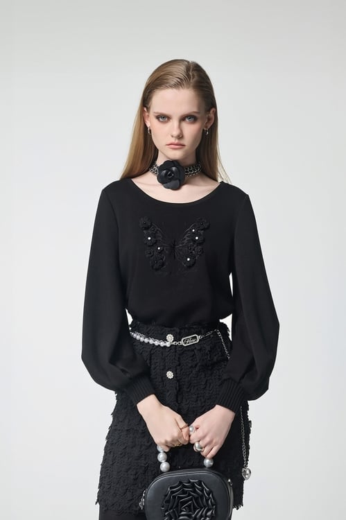 珍珠花片蝴蝶繡花單品上衣,上衣