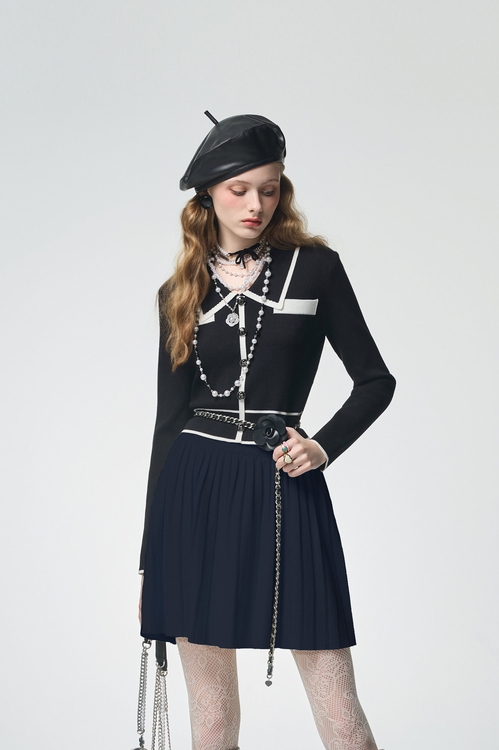 濃厚靛藍小香風針織上衣,上衣