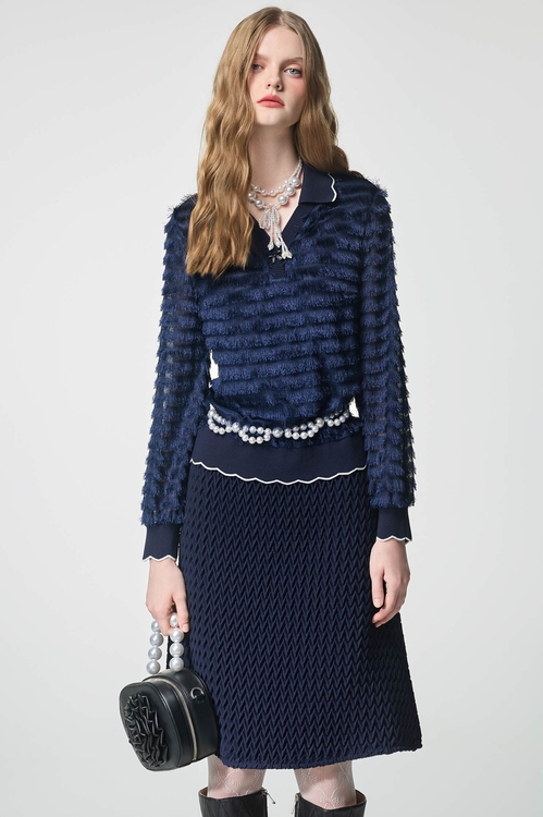 光澤感濃厚靛藍色睫毛上衣,上衣