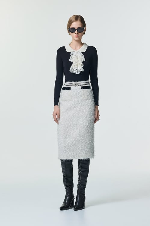 黑白配手勾荷葉坑條針織,珍珠