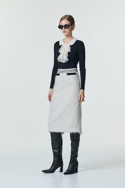 黑白配手勾荷葉坑條針織,珍珠