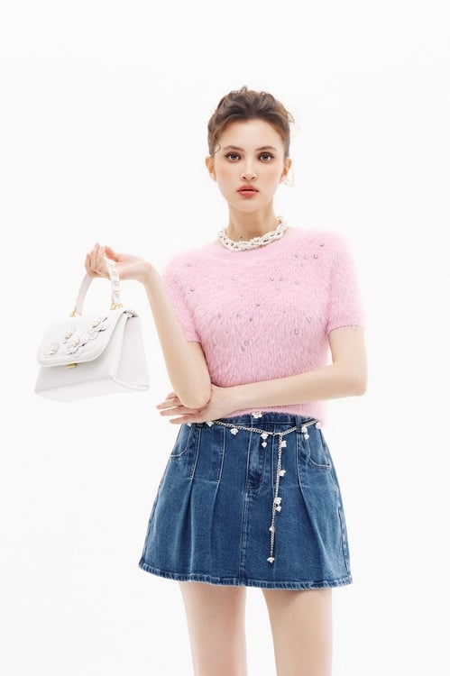 糖粉色短袖針織上衣,,糖粉色短袖針織上衣,上衣,春夏穿搭,針織,針織衫