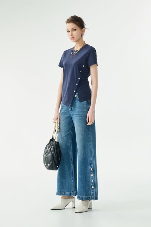 海軍藍側衩Ｔ恤上衣,純棉