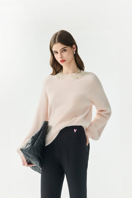 超凡粉綴珍珠針織上衣,上衣