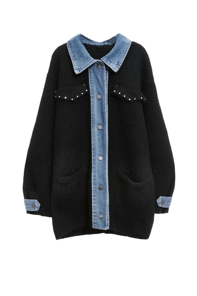 拼接牛仔針織大外套