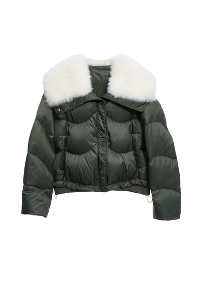 神秘綠領片拼接鵝絨外套