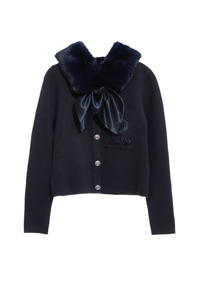 濃厚靛藍仿皮草領針織外套