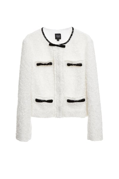 彈性花呢羽毛紗黑蝴蝶結縫飾外套