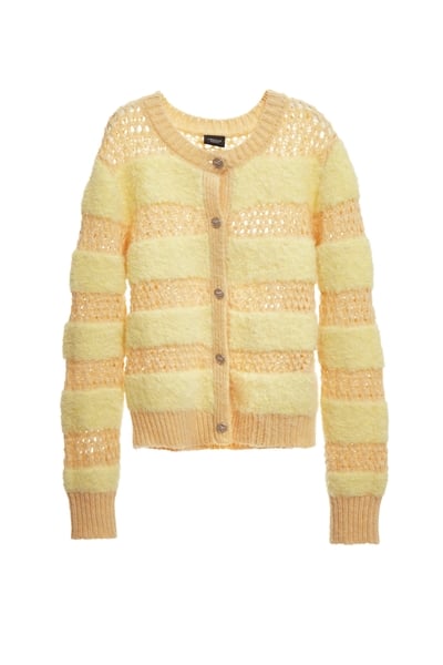 萊姆黃拼簍空條開襟針織