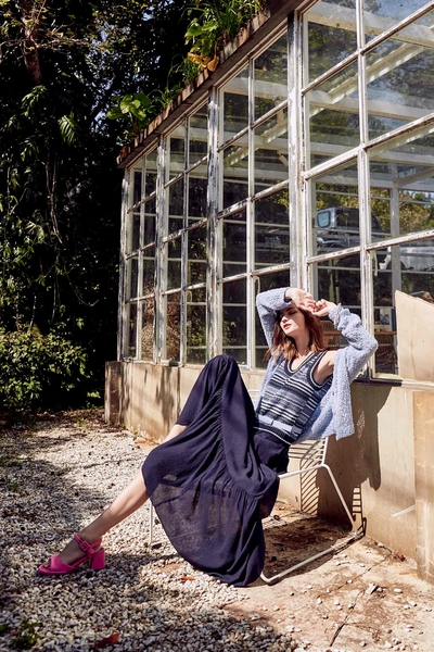 海軍藍三層斜切蛋糕長裙