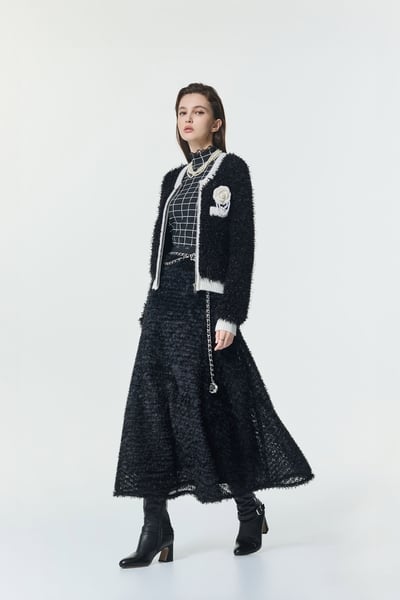 立體烏干壓條網紗中長裙