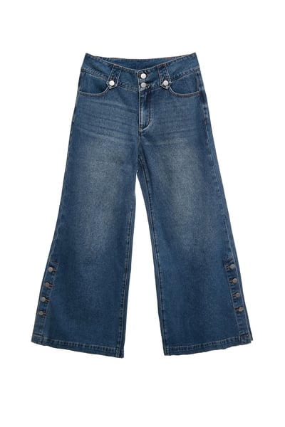 側開衩排釦牛仔喇叭褲