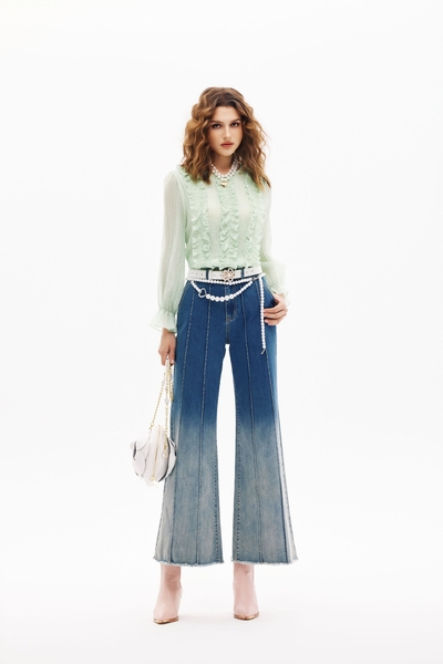 打褶漸層染牛仔喇叭褲