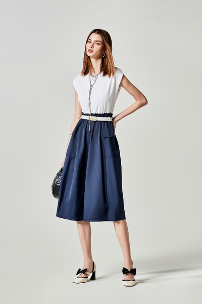 異素材拼接撞色縮腰洋裝