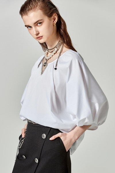 連袖廓形三角鑽鍊大襯衫