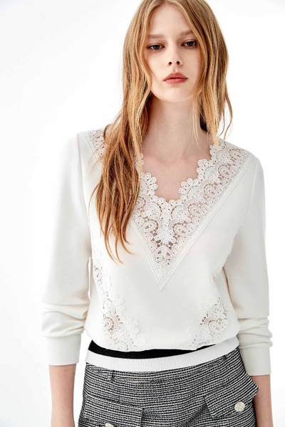 併接蕾絲V領上衣