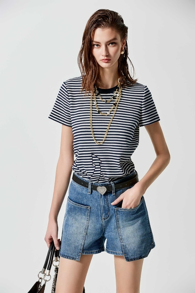 海軍藍白條錯位船錨繡花T