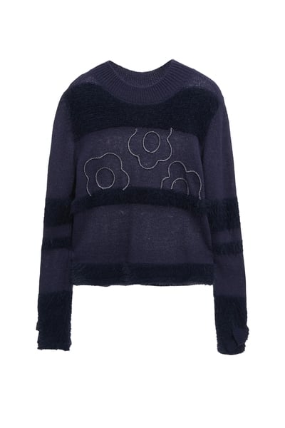 濃厚靛藍綴織帶花卉針織上衣