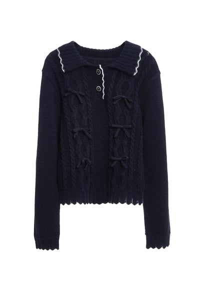 濃厚靛藍配色鋸齒邊針織上衣