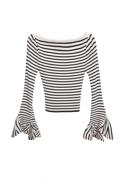喇叭花瓣袖條紋針織上衣