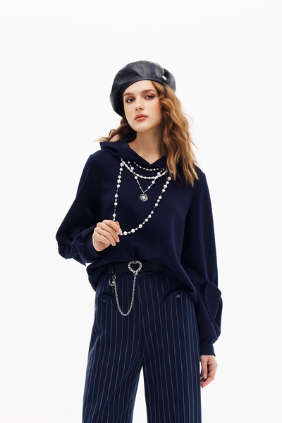 濃厚靛藍蝴蝶結袖上衣