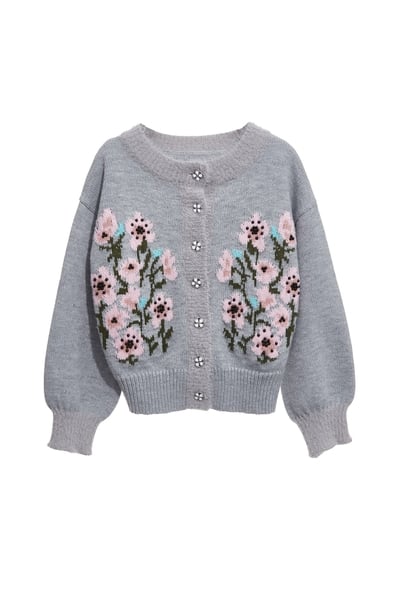 薄暮灰崁花卉開襟針織外套