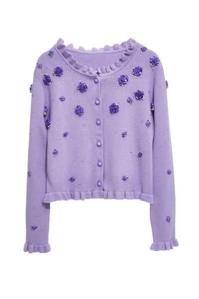 綴藍紫色手工花針織外套