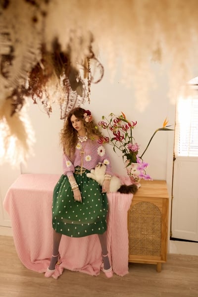 翡翠綠刺繡小花長裙