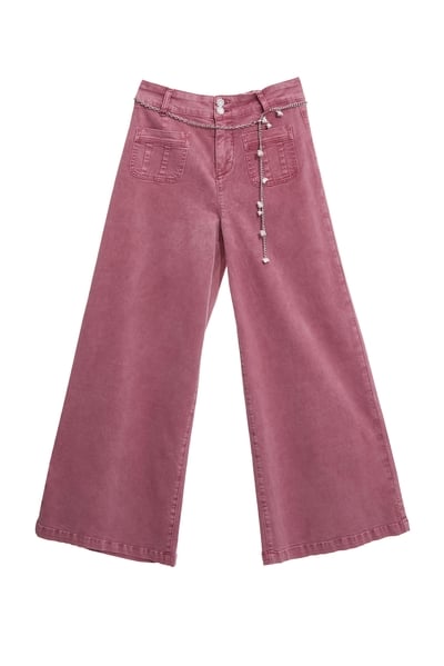 櫻花粉牛仔寬褲