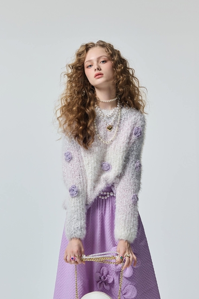 綴丁香紫手鉤花針織上衣