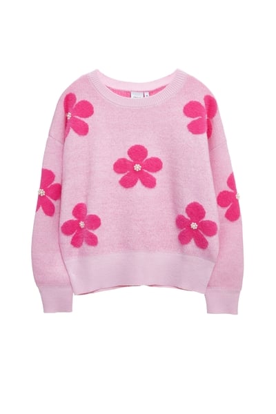 洋紅粉花朵褆花針織上衣