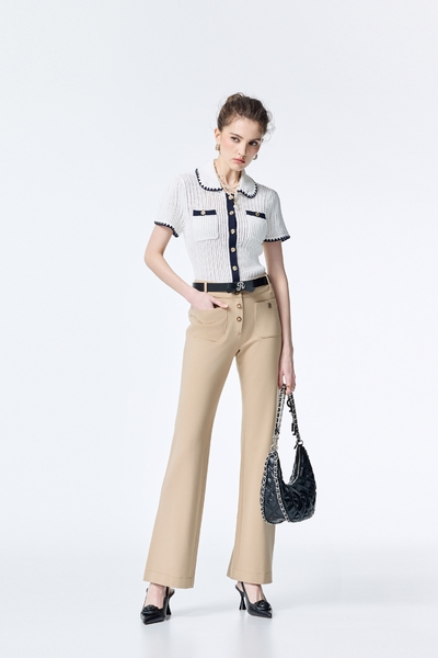 綴排釦修身直筒長褲