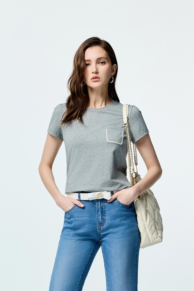 綴珍珠貼片顯瘦T恤上衣